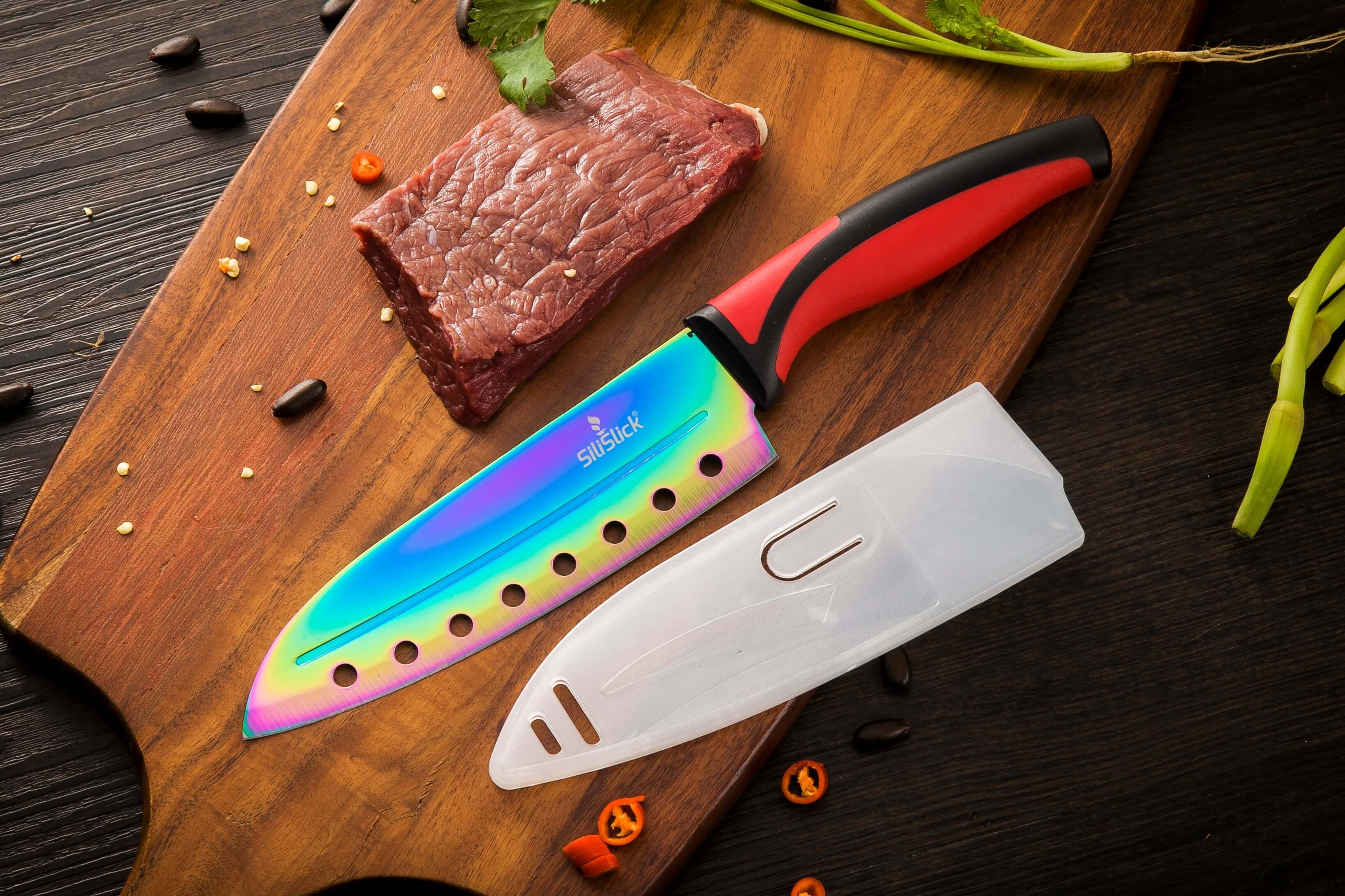 Kitchen Knife Set Kit | Red Handle & Black Magnetic Rack