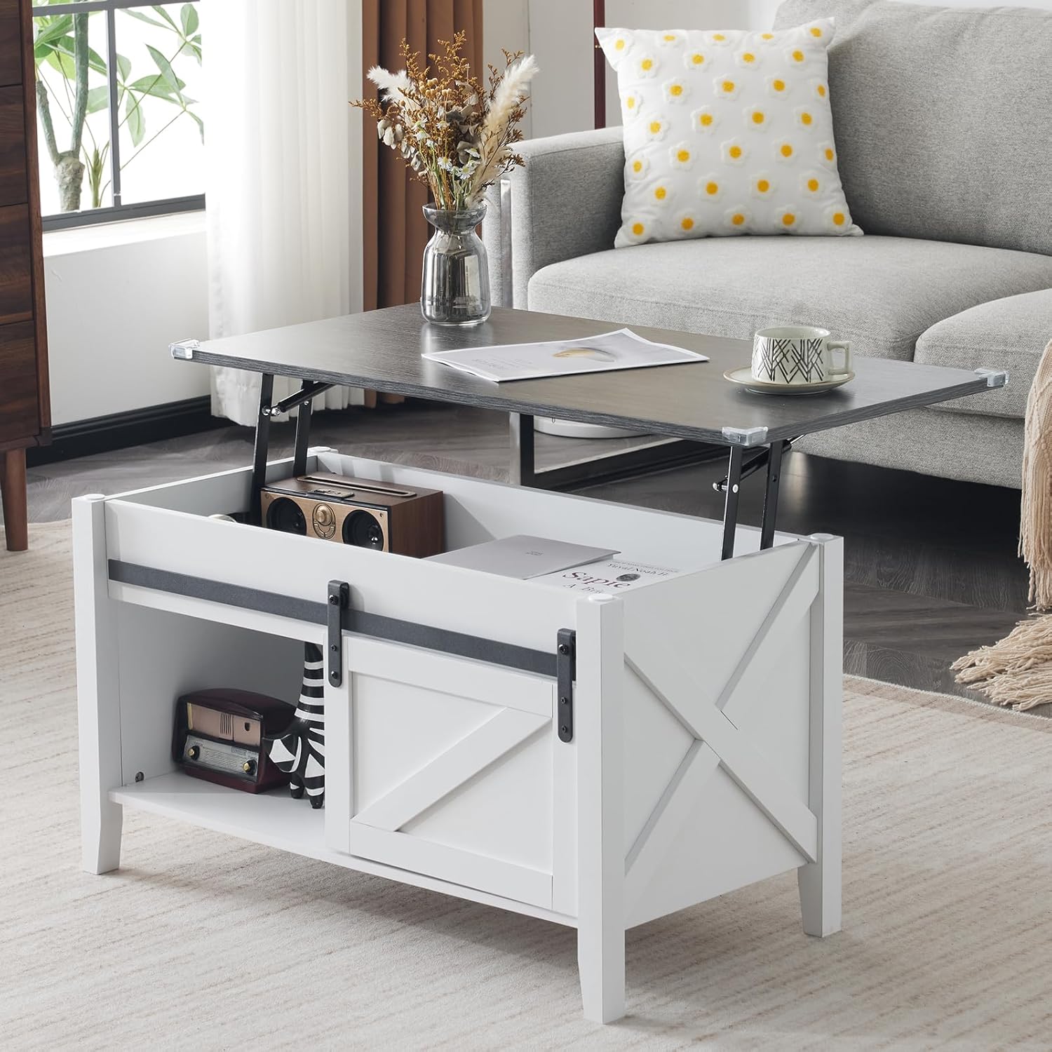 Lift Top Coffee Table 36" Farmhouse Rustic Wood Hidden Storage & Sliding Barn