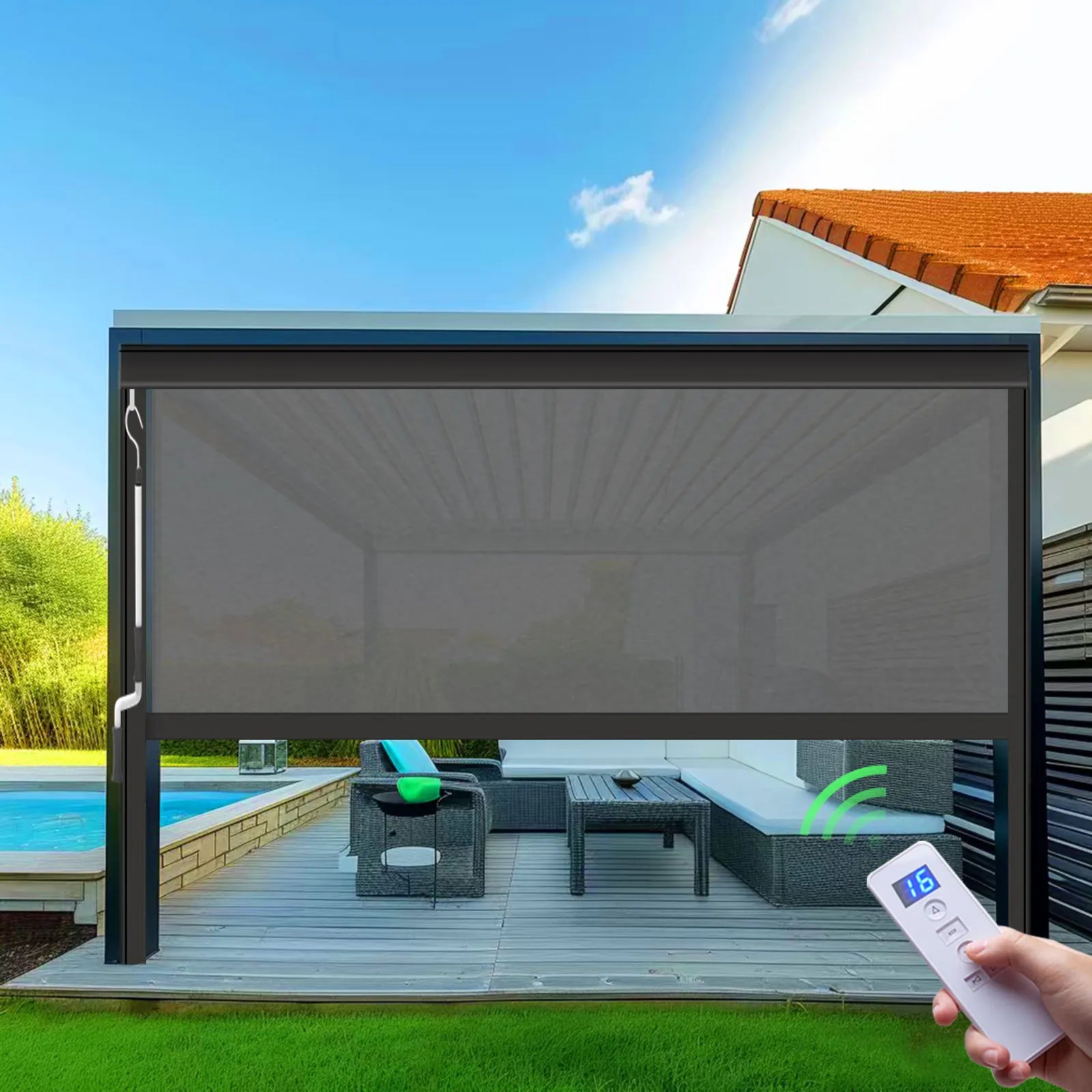 Motorized Zip Screen Roller Blinds Outdoor Patio Shading