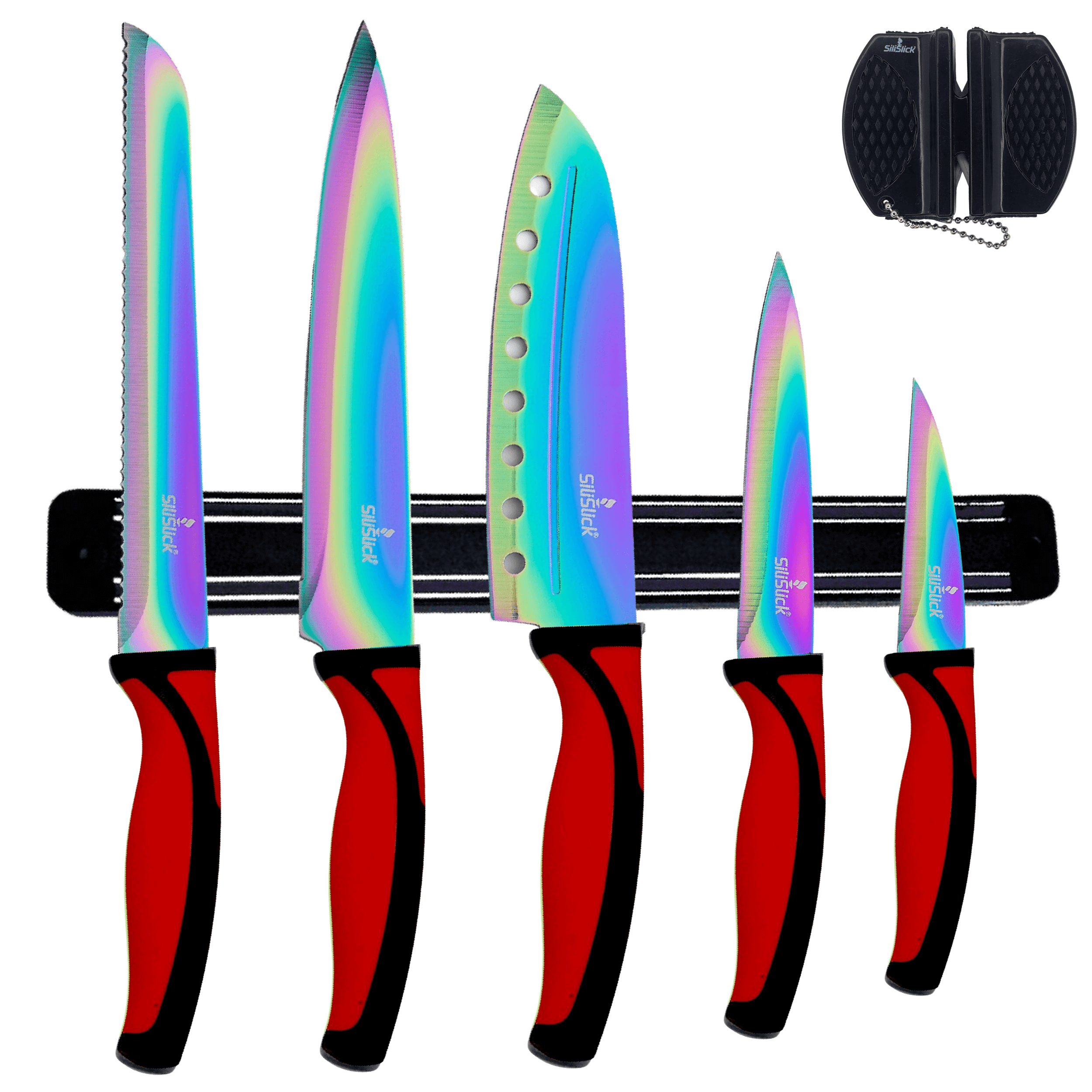 Kitchen Knife Set Kit | Red Handle & Black Magnetic Rack